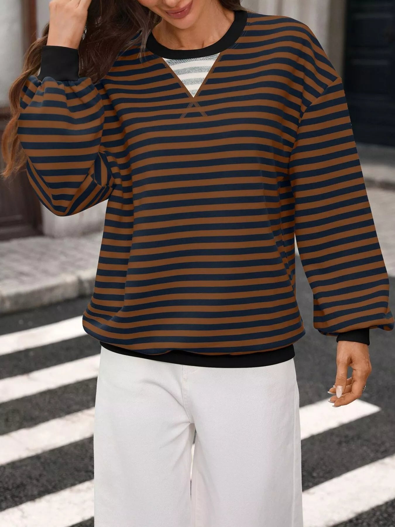 Trendsi Contrast Trim Striped Crew Neck Sweatshirt -