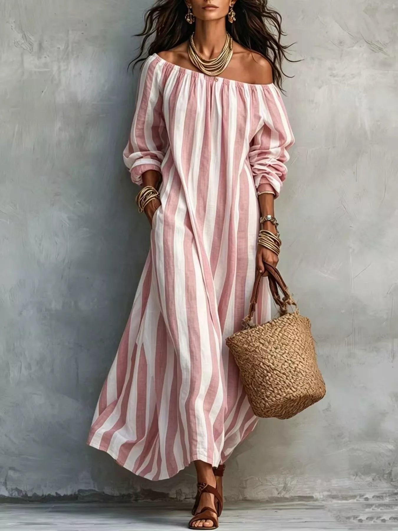 Trendsi Off-Shoulder Striped Dress with Pockets -