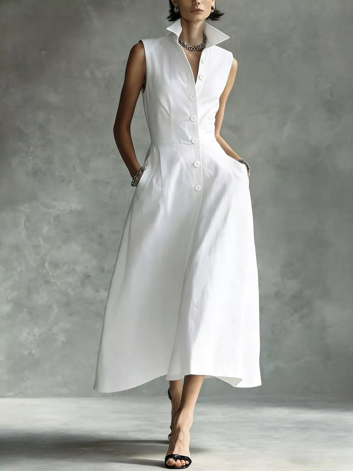 White button-down midi shirt dress