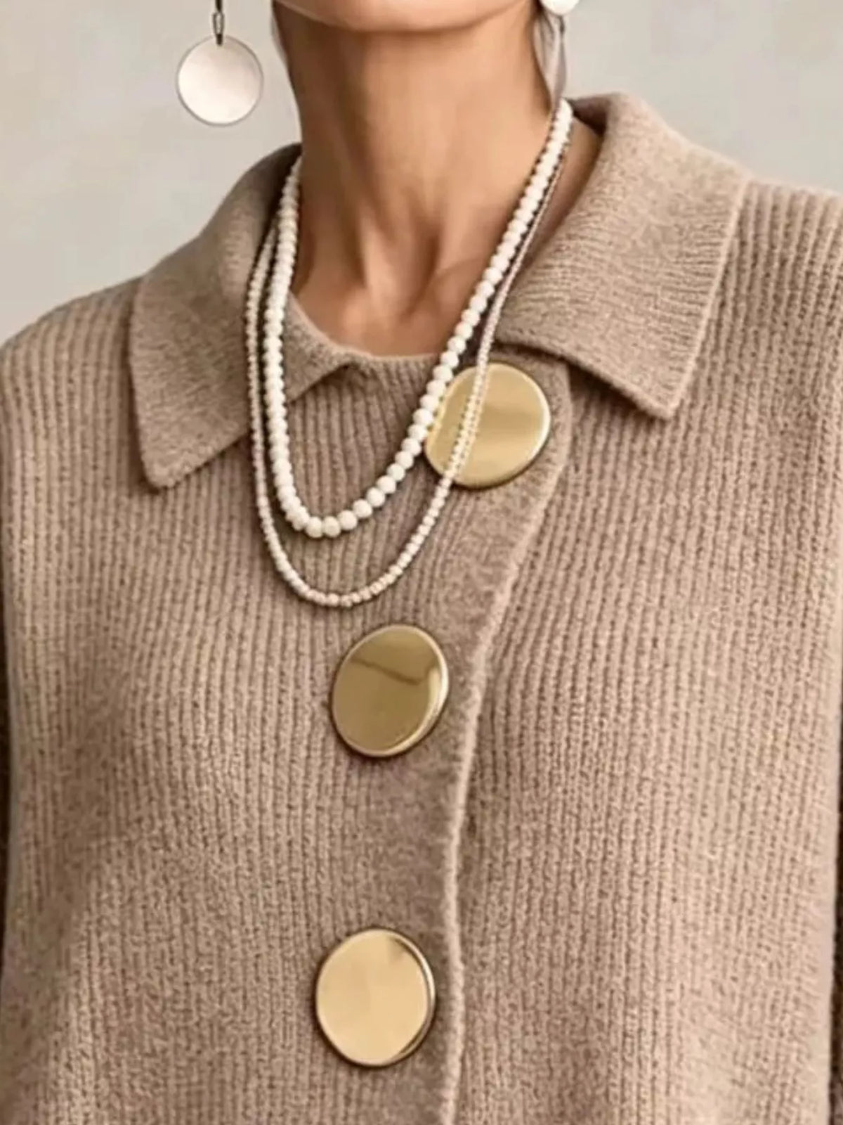 Trendsi Full Size Gold Buttons Lantern Sleeve Cardigan Plus Size -