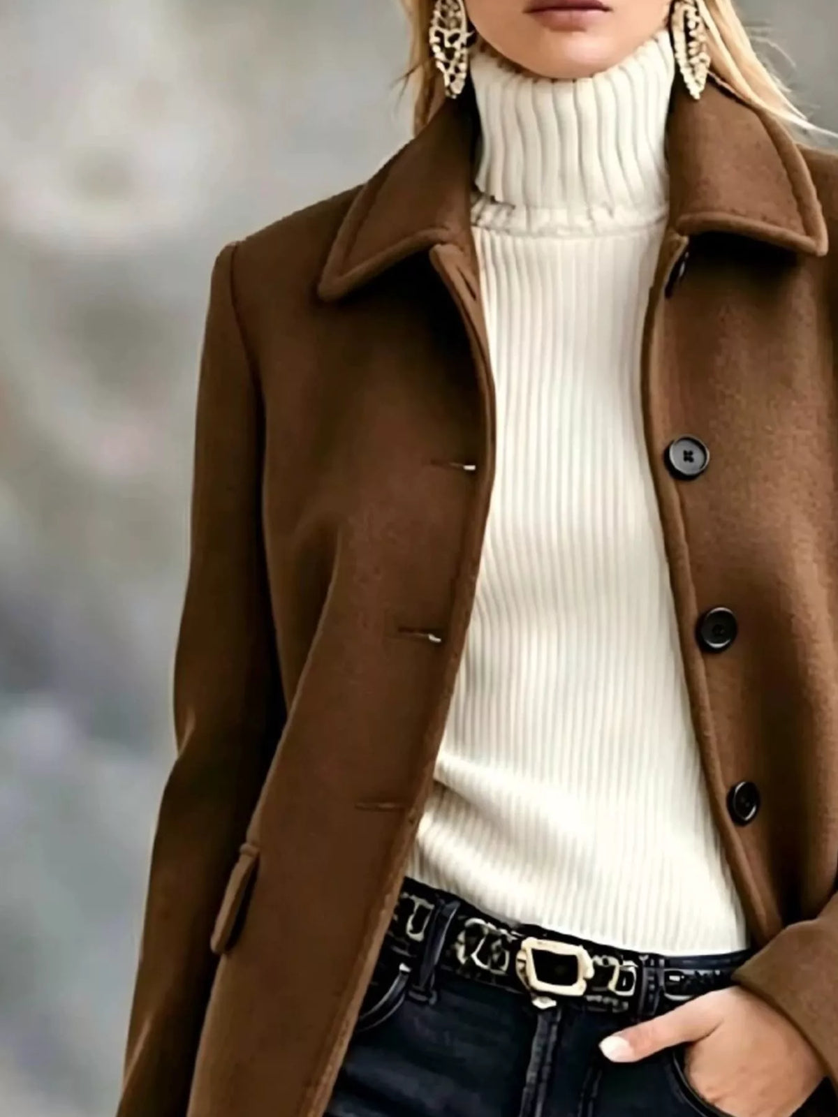 Women's Button Up Longline Coat in brown — collar detail view