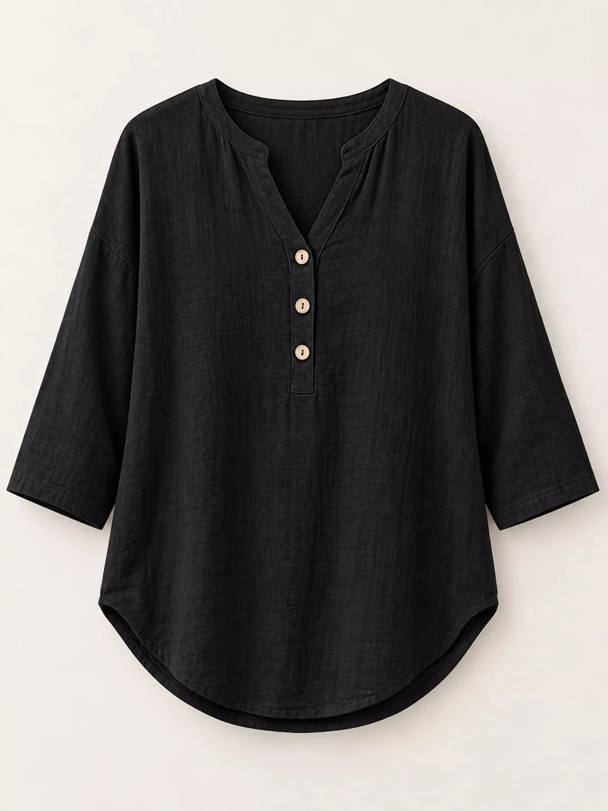 Button Notched 3/4 Sleeve Blouse in black, front view