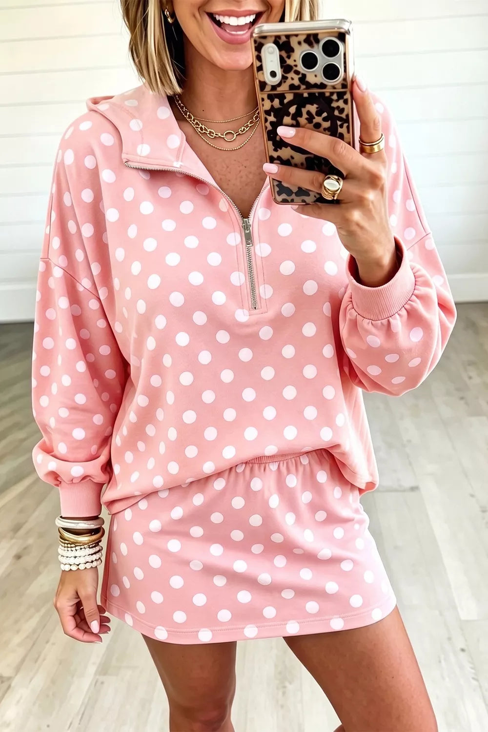 Trendsi Polka Dot Quarter Zip Sweatshirt and Shorts Set -