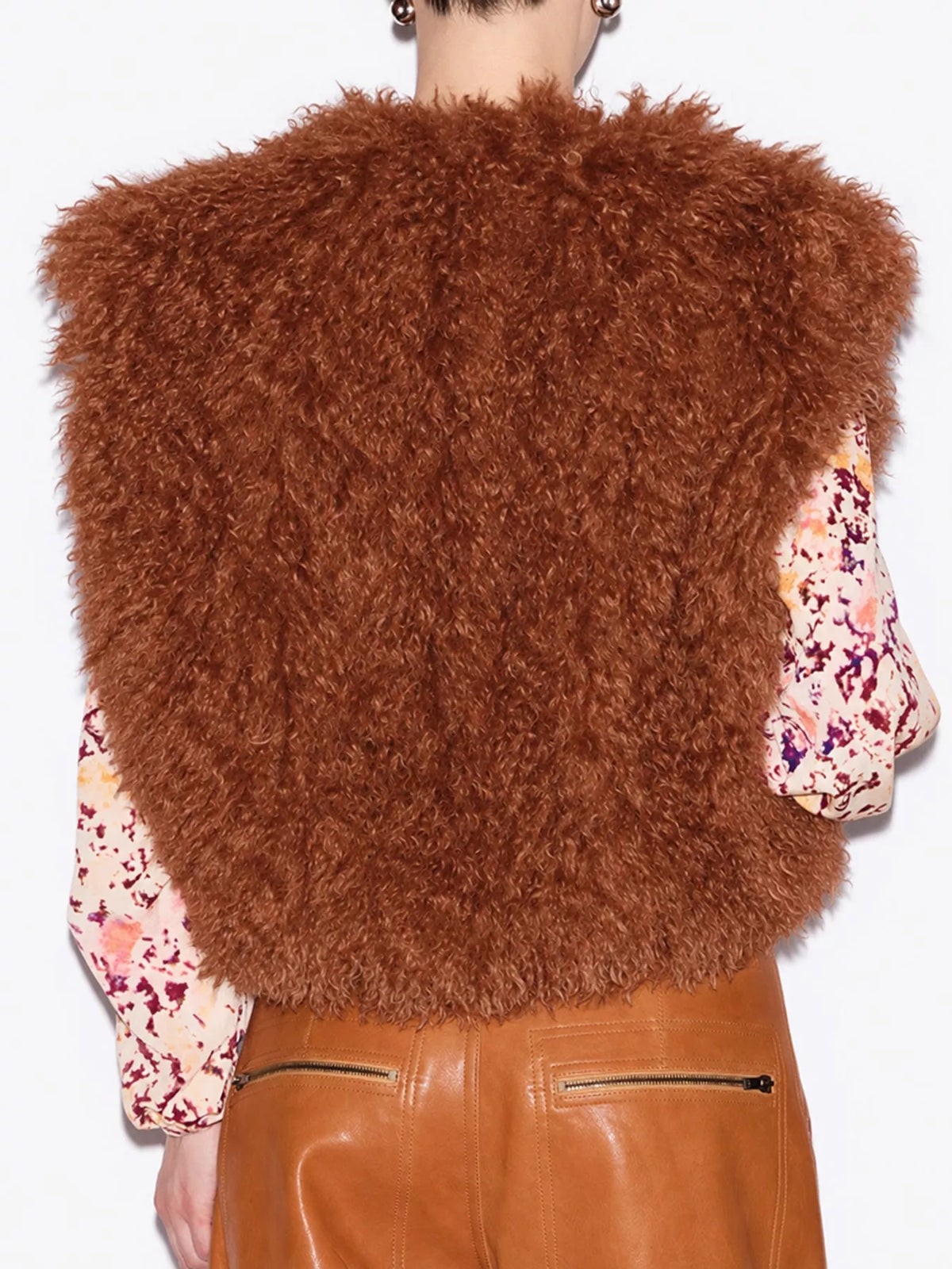 Faux Fur Open Front Vest Coat, back view in brown