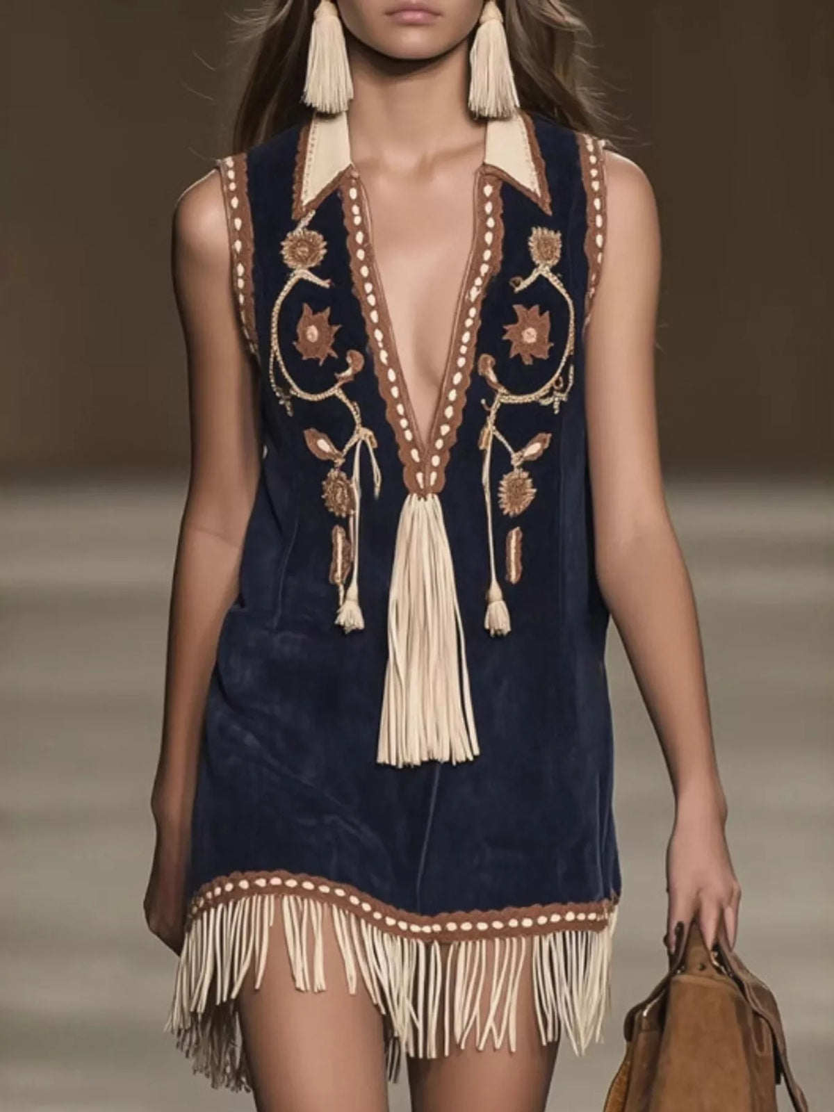 Embroidered fringe-hem sleeveless dress