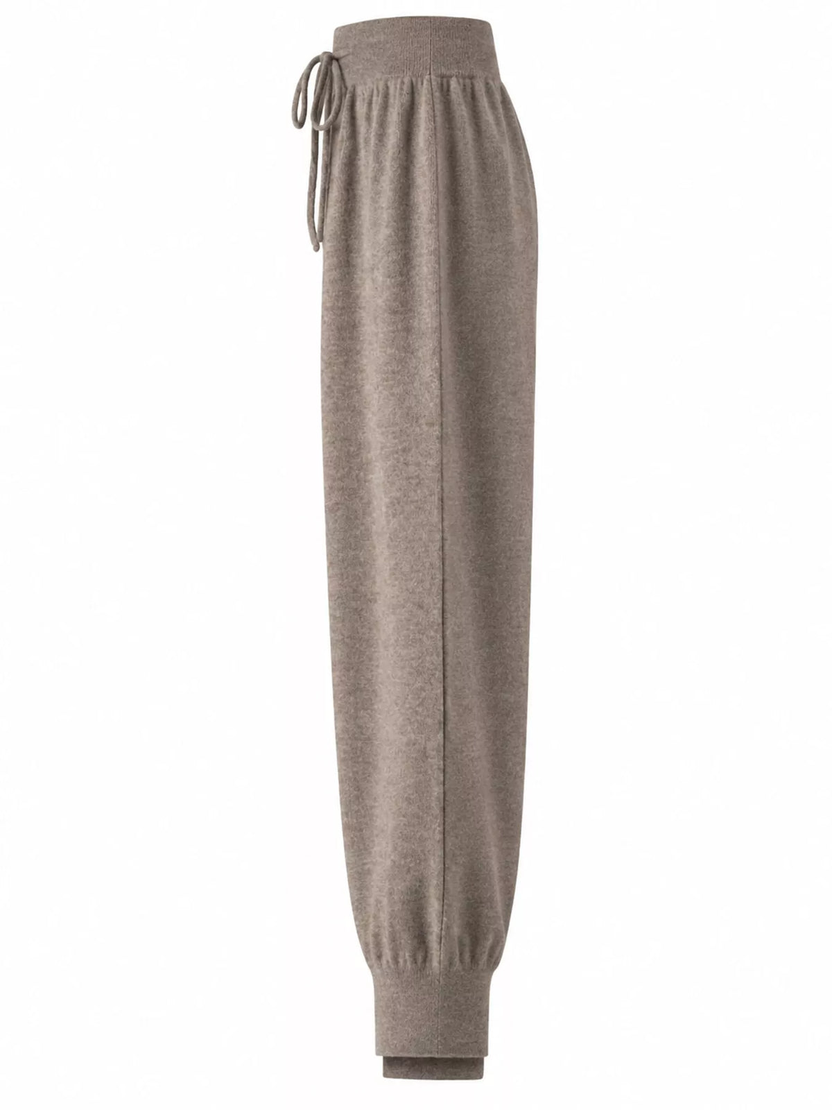 Taupe high-waisted drawstring wool knit pants, side view