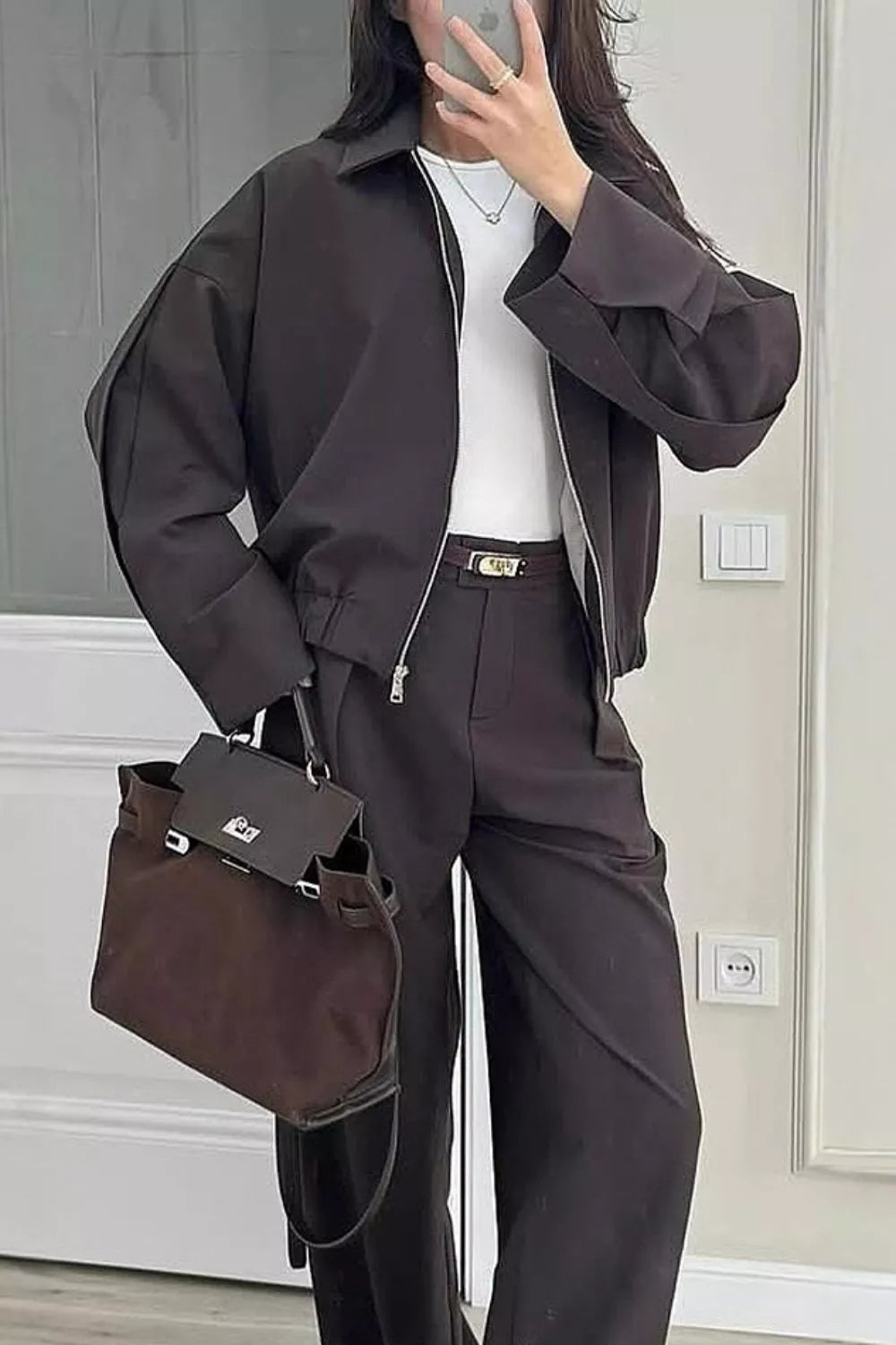 Trendsi Zip-Up Jacket and Wide-Leg Pants Set -