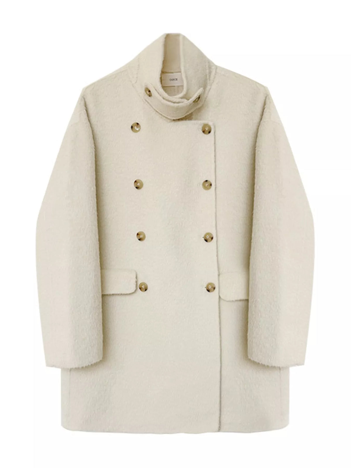 Cream double-breasted wool-blend coat — front view