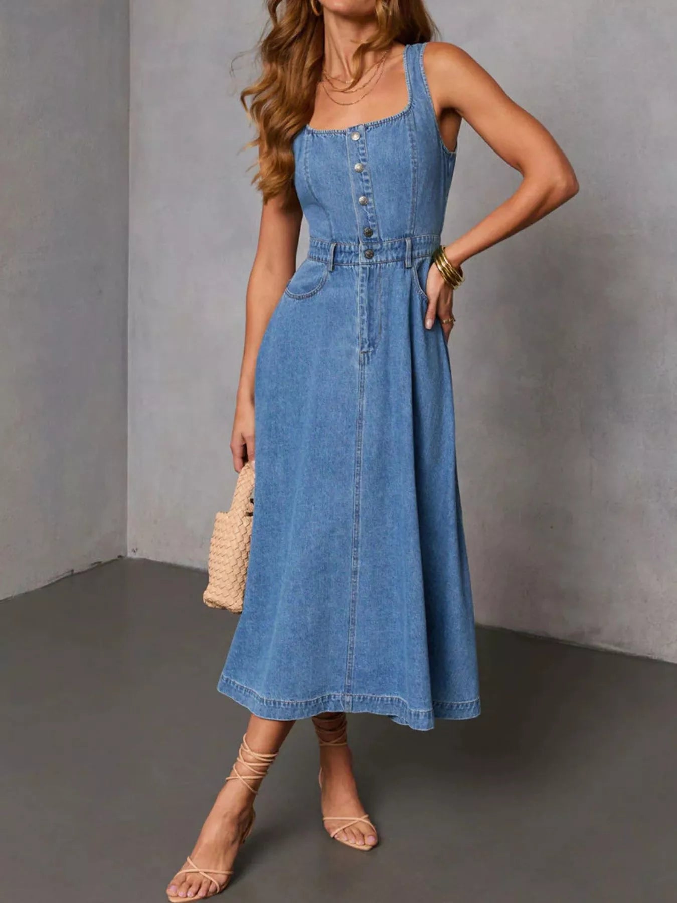 Trendsi Sleeveless Button-Down Denim Midi Dress -