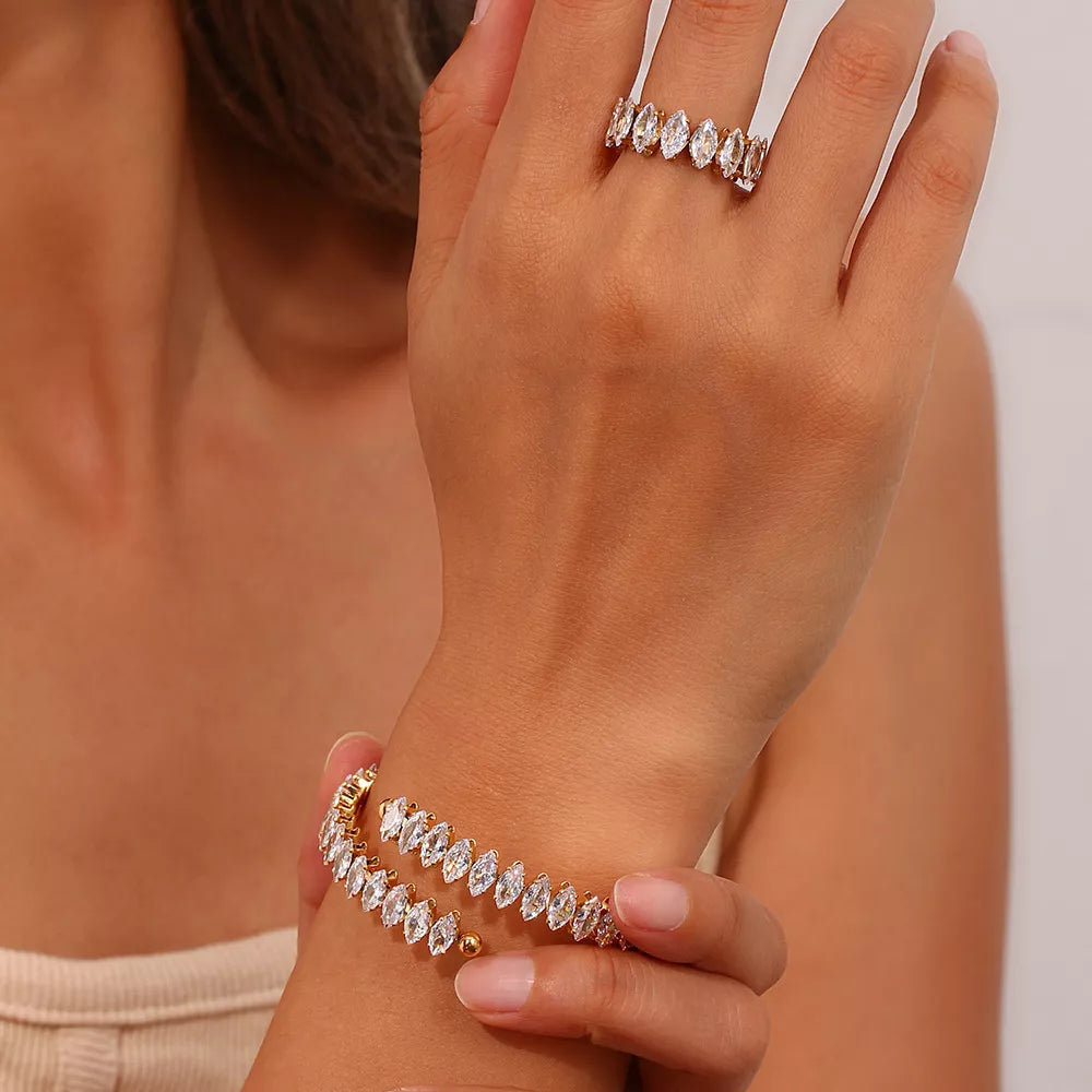Gold-plated zircon bracelet and ring set — bracelet and ring worn close up