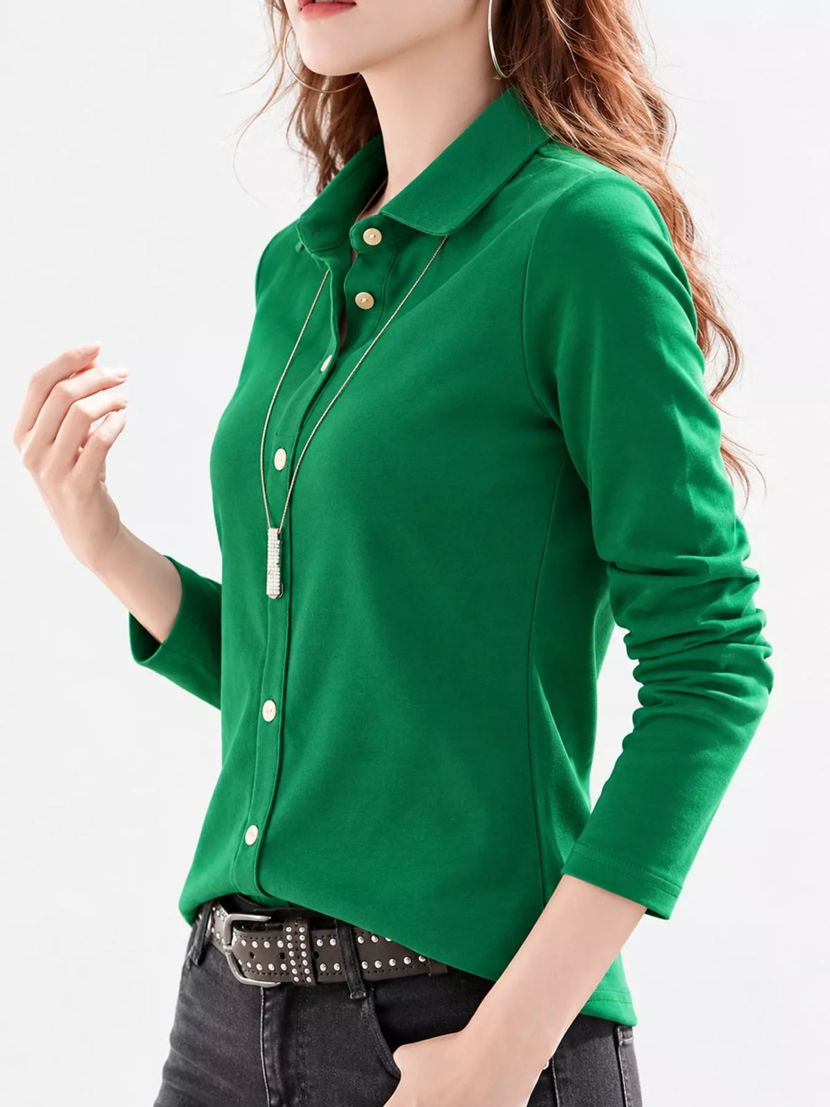 Green button-down shirt, side view