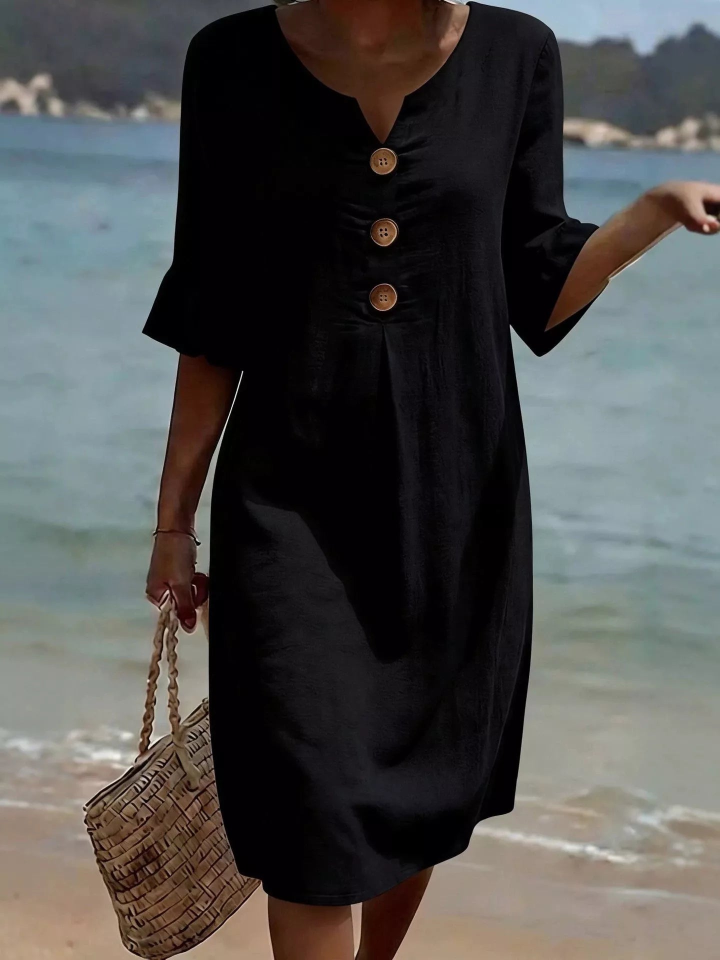 Trendsi Full Size Casual Decor Button Dress with Ruffle Sleeves Plus Size -
