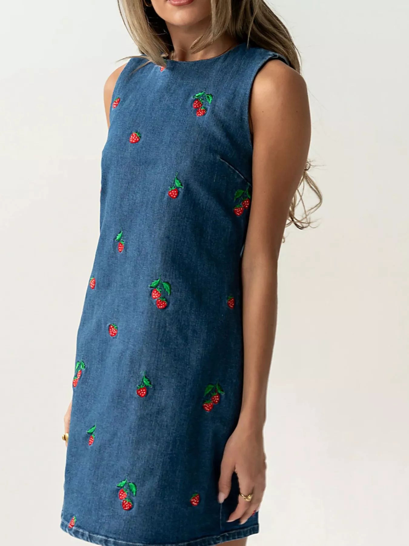 Trendsi Strawberry Embroidered Sleeveless Denim Dress -