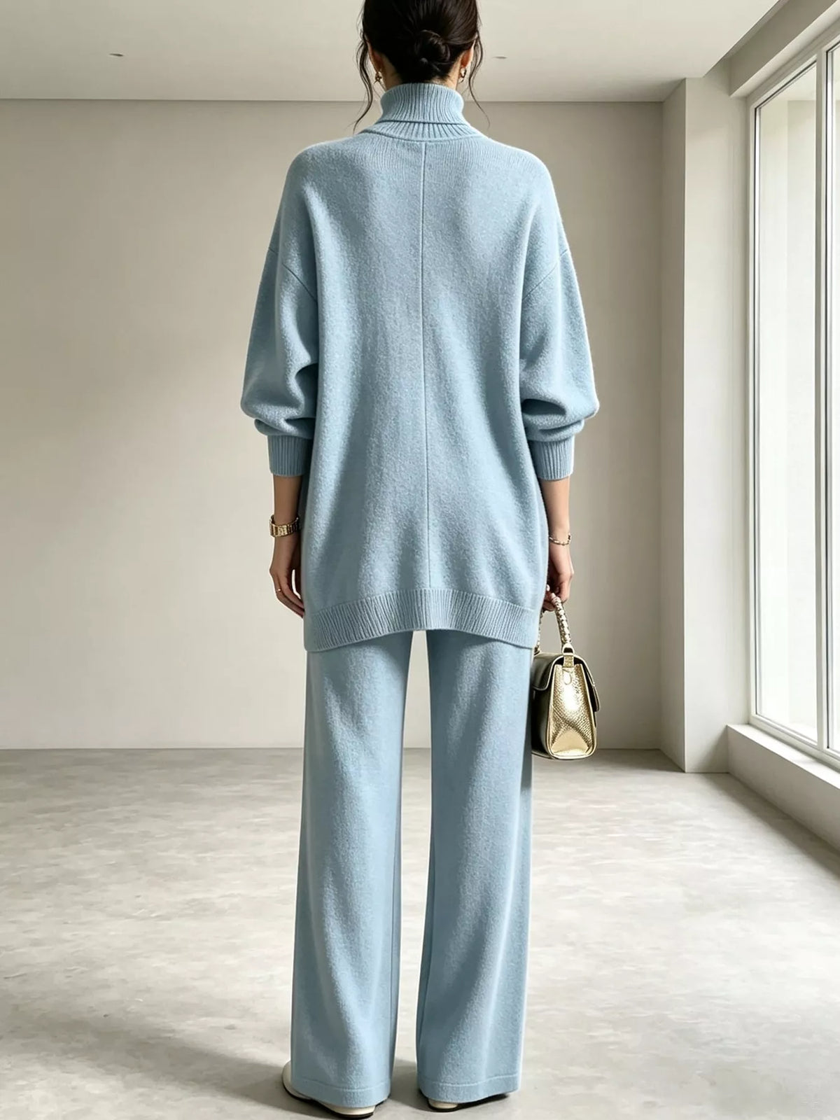 Light Blue turtleneck long sleeve top and pants sweater set, back view