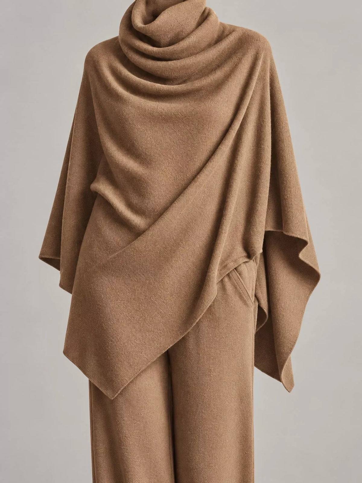 Poncho and pants set, camel draped neckline detail