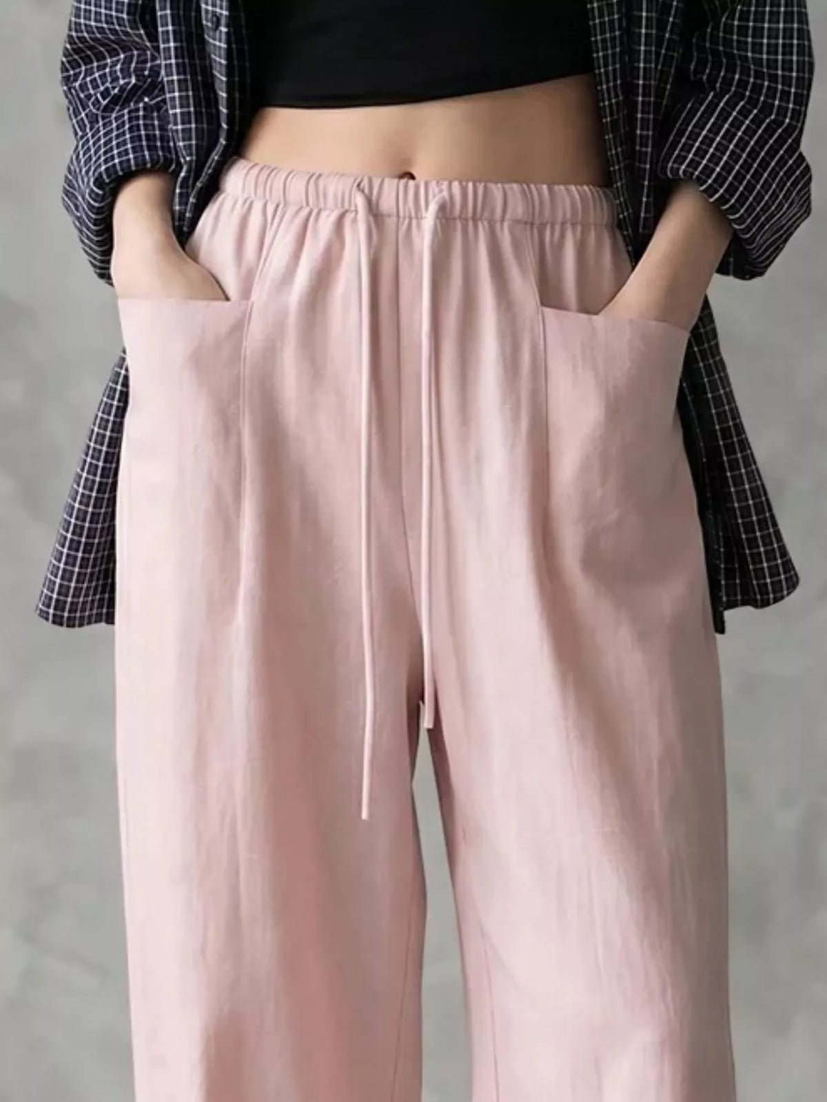 Women's Drawstring Wide-Leg Casual Pants in pink — waist detail view