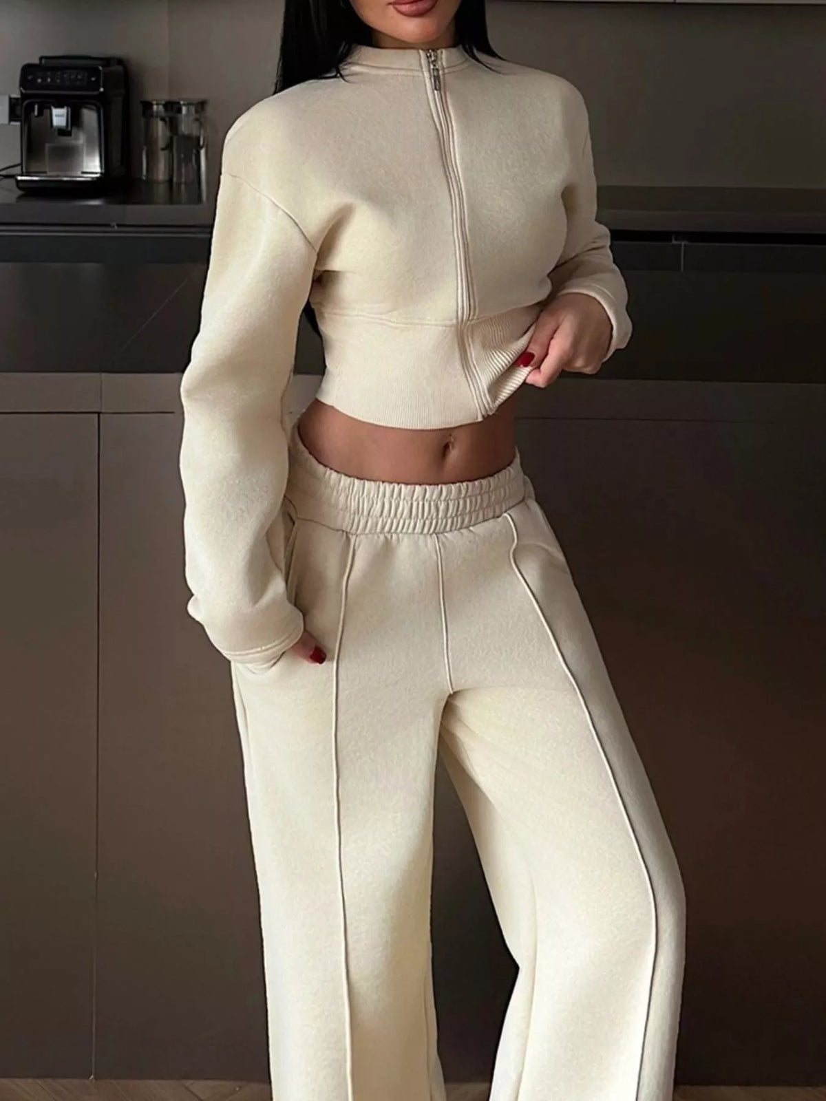 Trendsi Zip-Up Crop Jacket and Wide-Leg Pants Set -