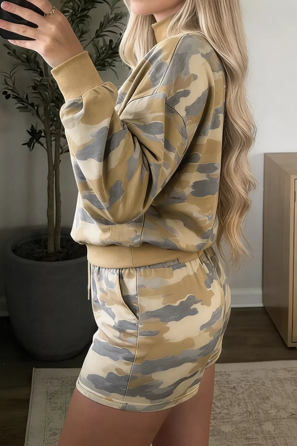Camouflage Print Long Sleeve Top Drawstring Shorts Set in beige, side view