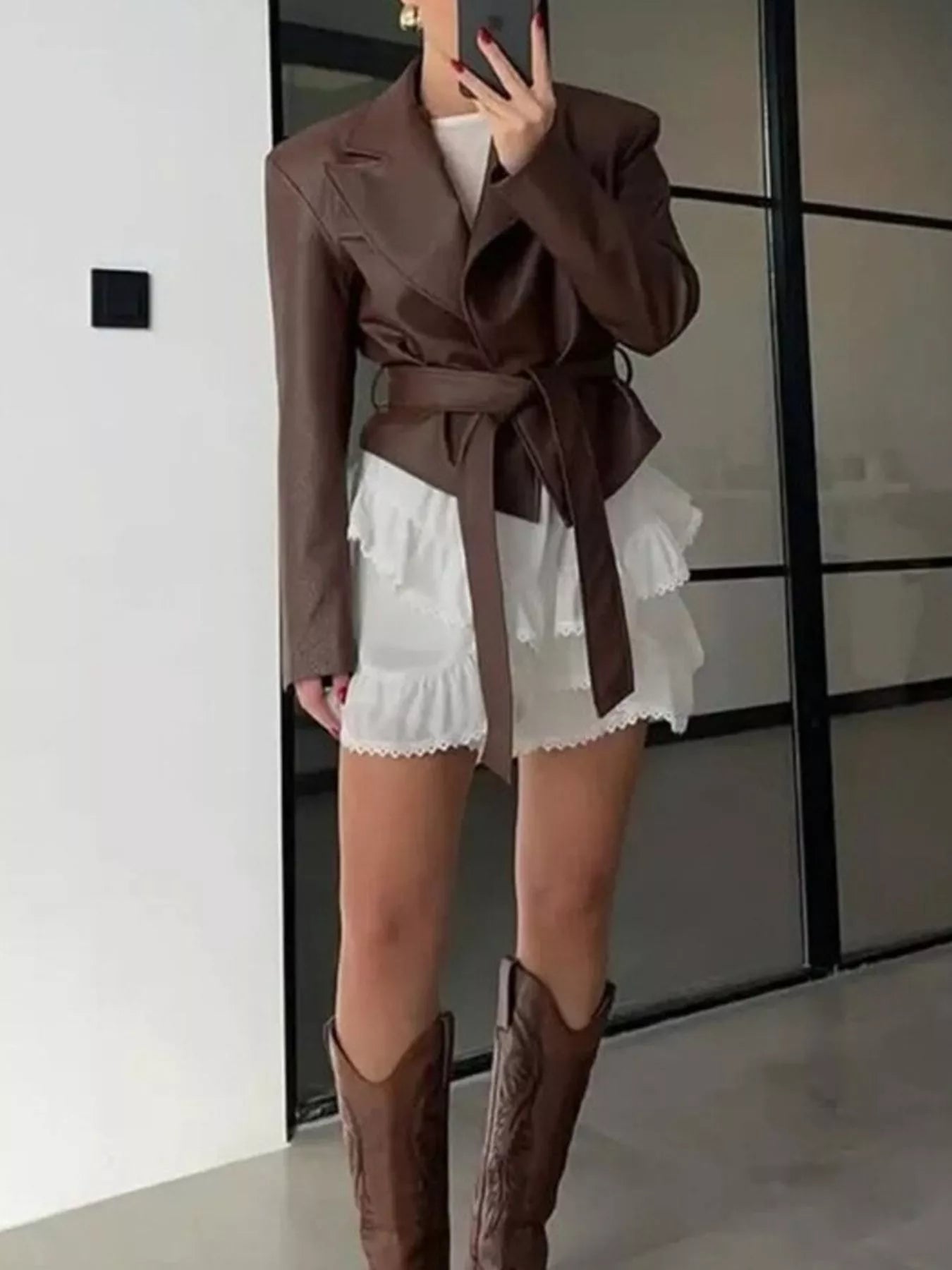 Trendsi Belted Leather Jacket with Shawl Collar -