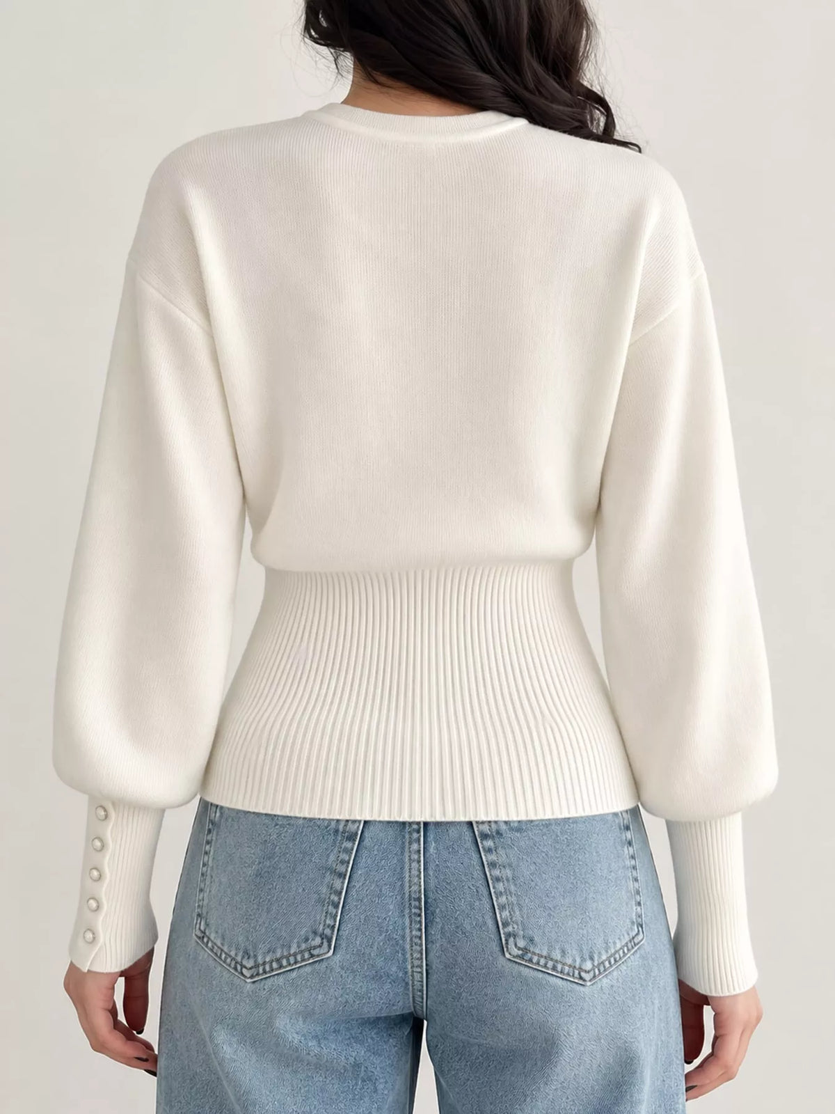 White button up ribbed waist cardigan, back view