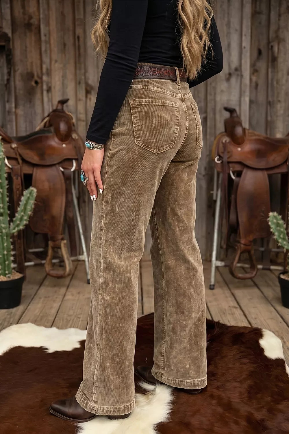 Women's Straight Leg Corduroy Metal Button Zip-up Pants in Taupe, alternate view