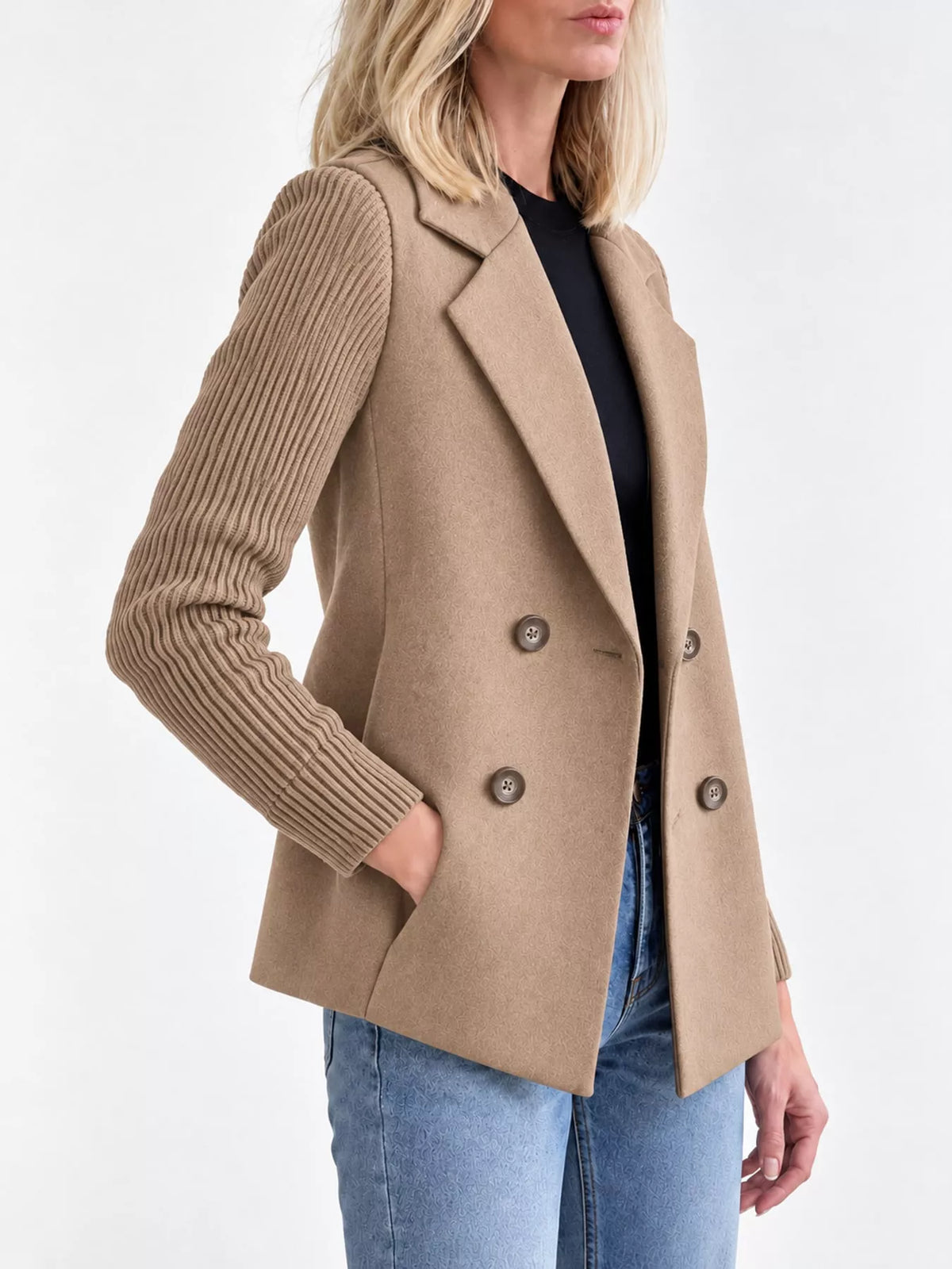 Tan double-breasted lapel collar blazer — side view