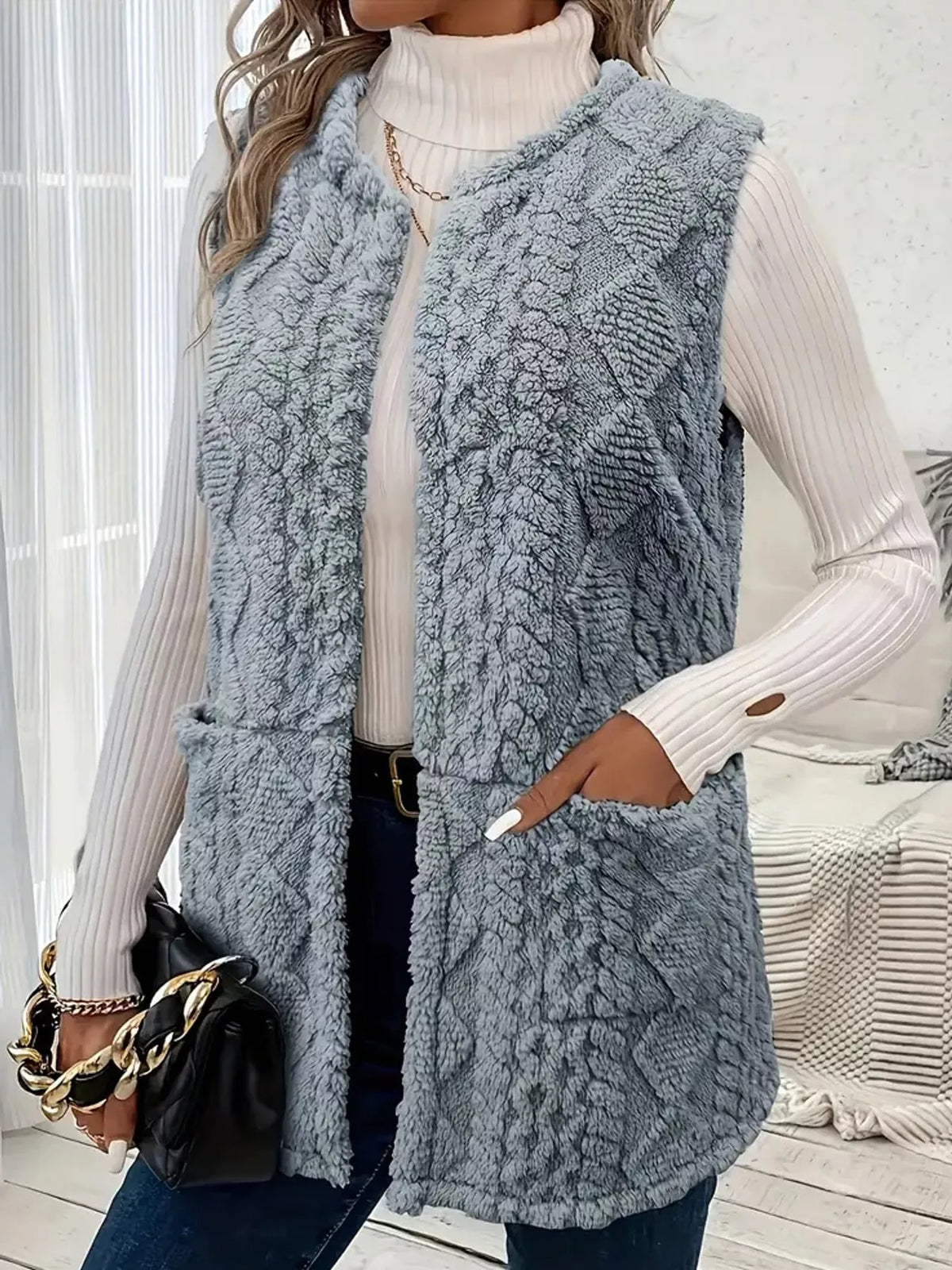 Blue-gray sherpa open front vest coat