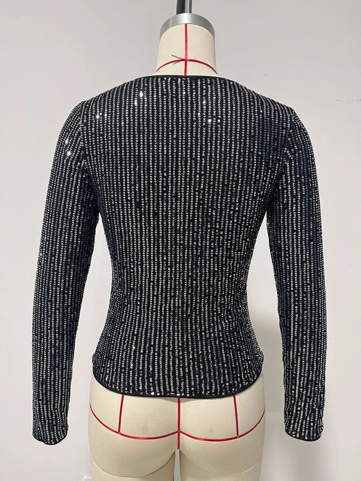 Black sequin long sleeve crop T-shirt, back product view