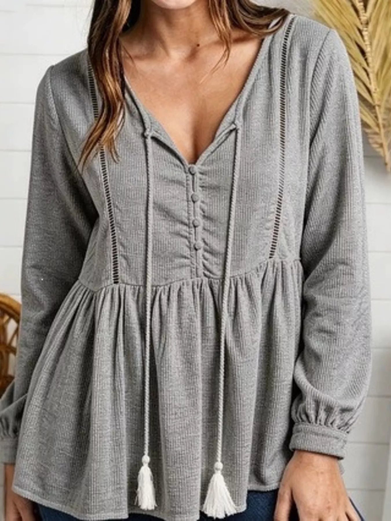 Trendsi Tassel Drawstring Long Sleeve Peplum Top -