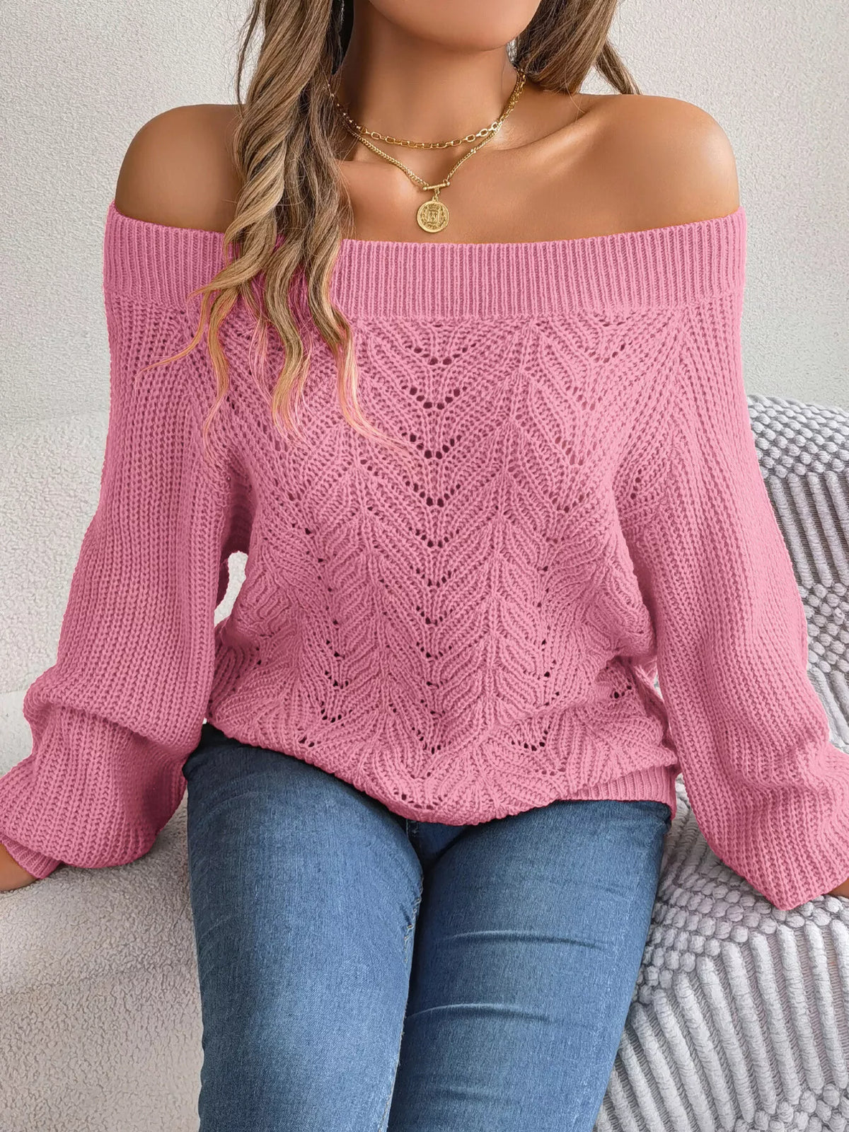 Openwork Off-Shoulder Sweater in pink, front view