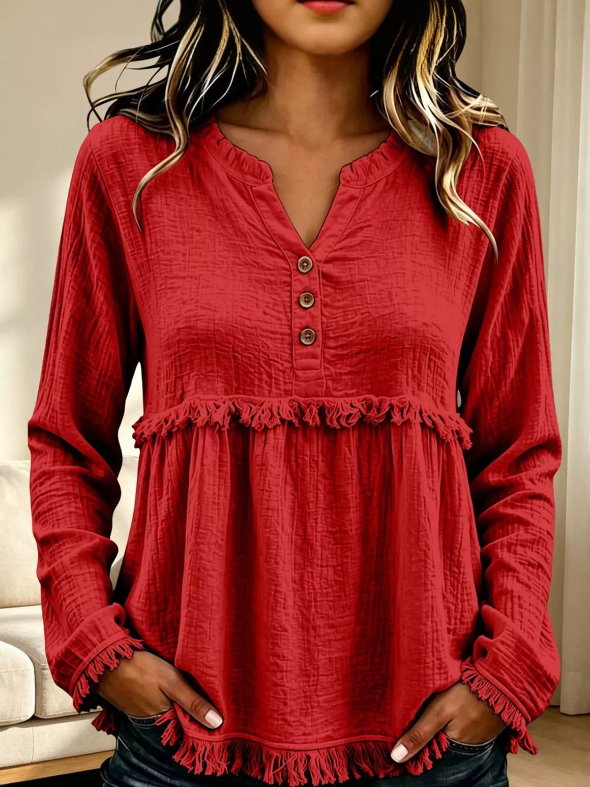 Frayed-hem blouse, red front