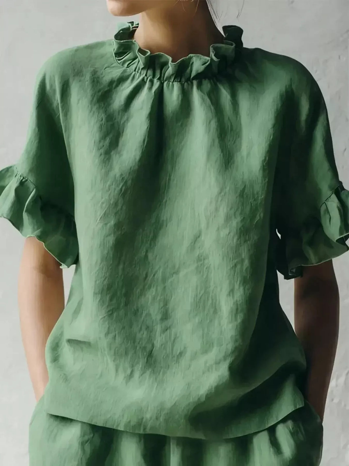 Emerald Green Ruffle-Neck Short Sleeve Blouse, front view