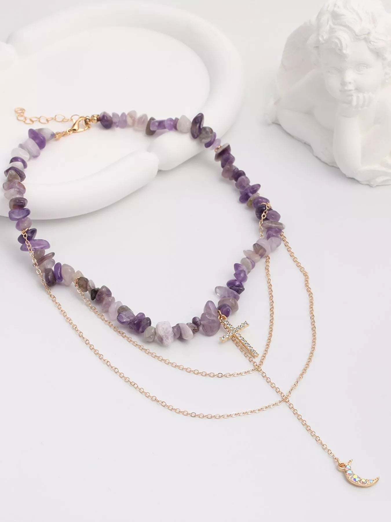 Trendsi Layered Cross and Moon Pendant Necklace -