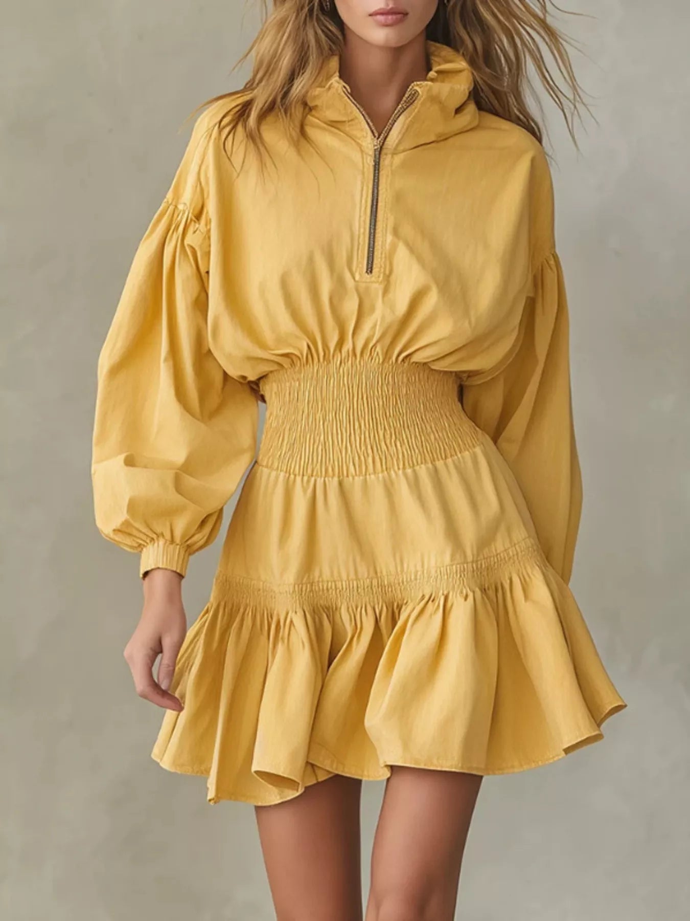 Trendsi Quarter-Zip Smocked Waist Mini Dress -