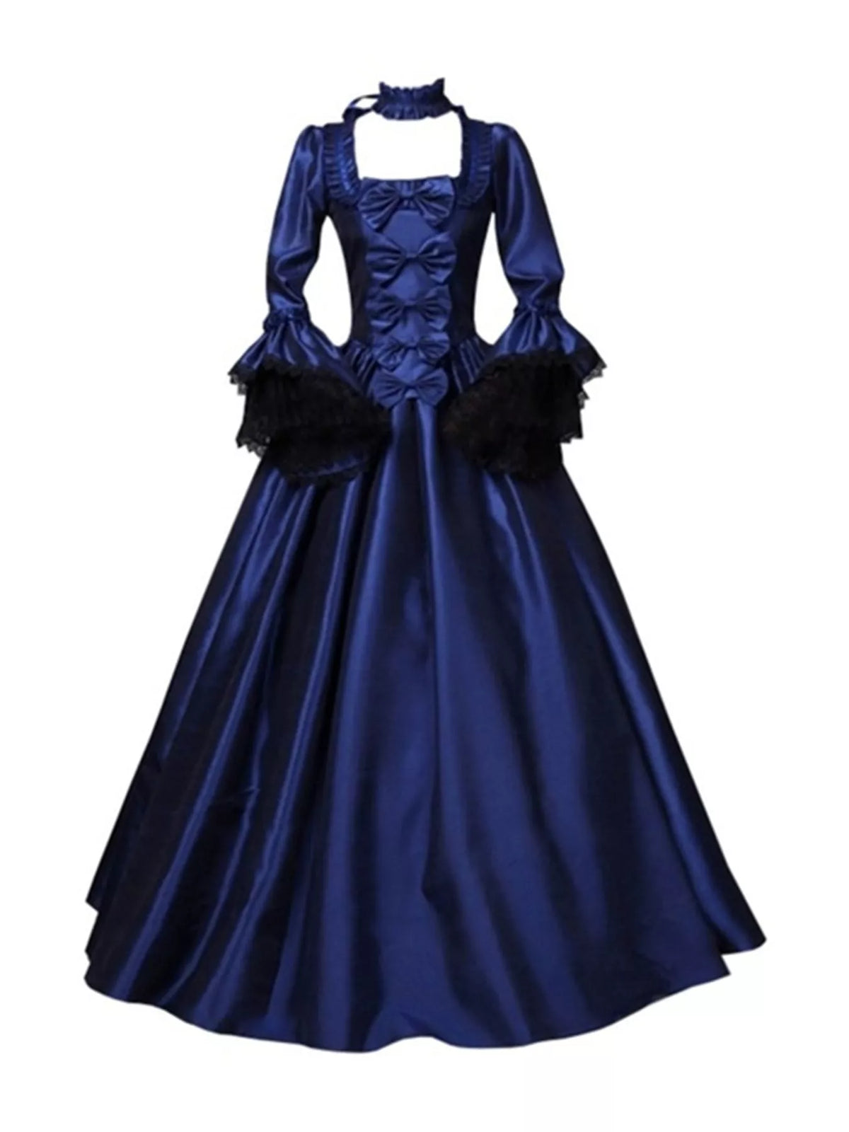 Victorian Gothic Satin Ball Gown Dress with Bow Accents in navy