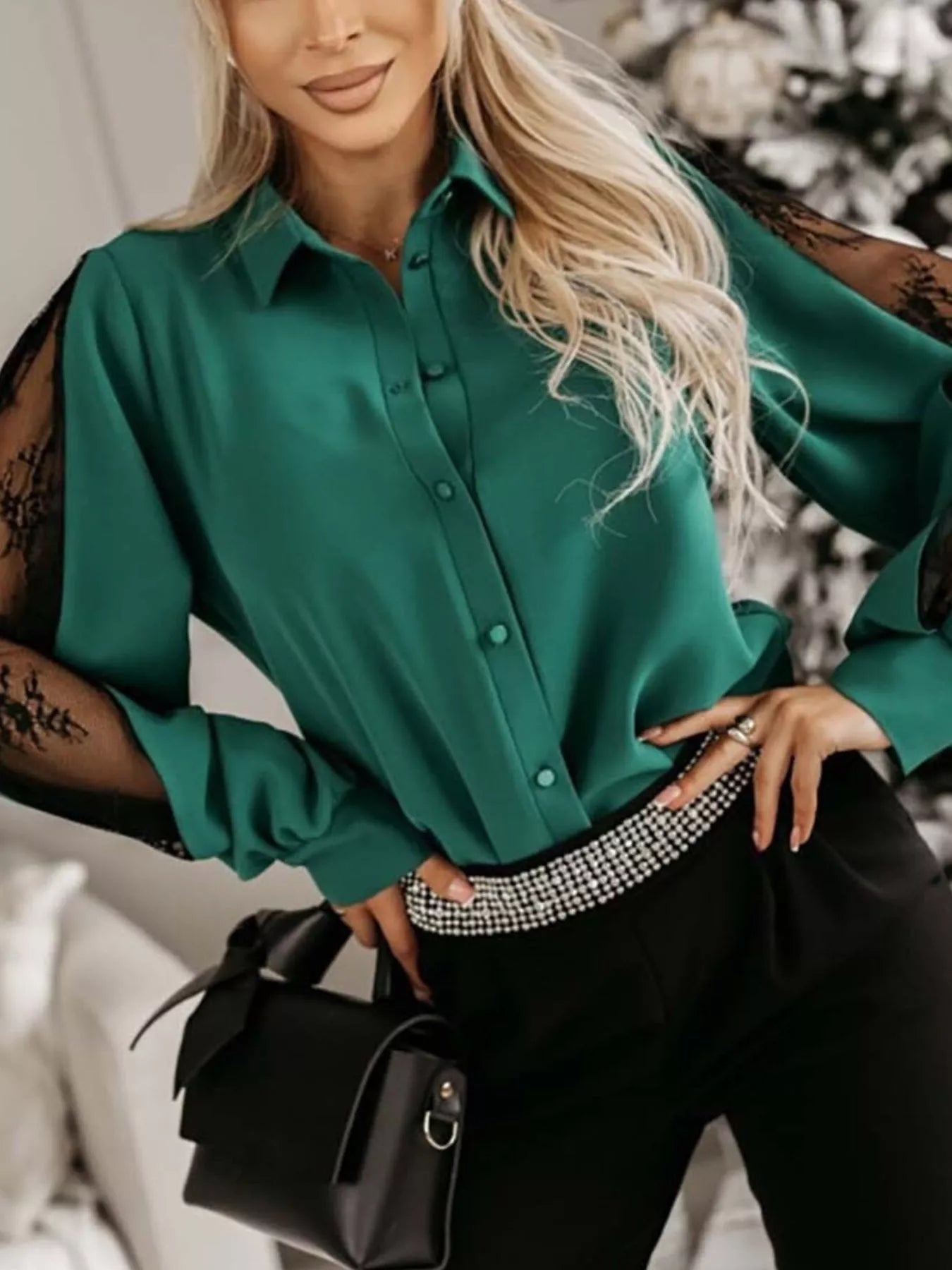 Trendsi Lace-Sleeve Button Up Shirt -