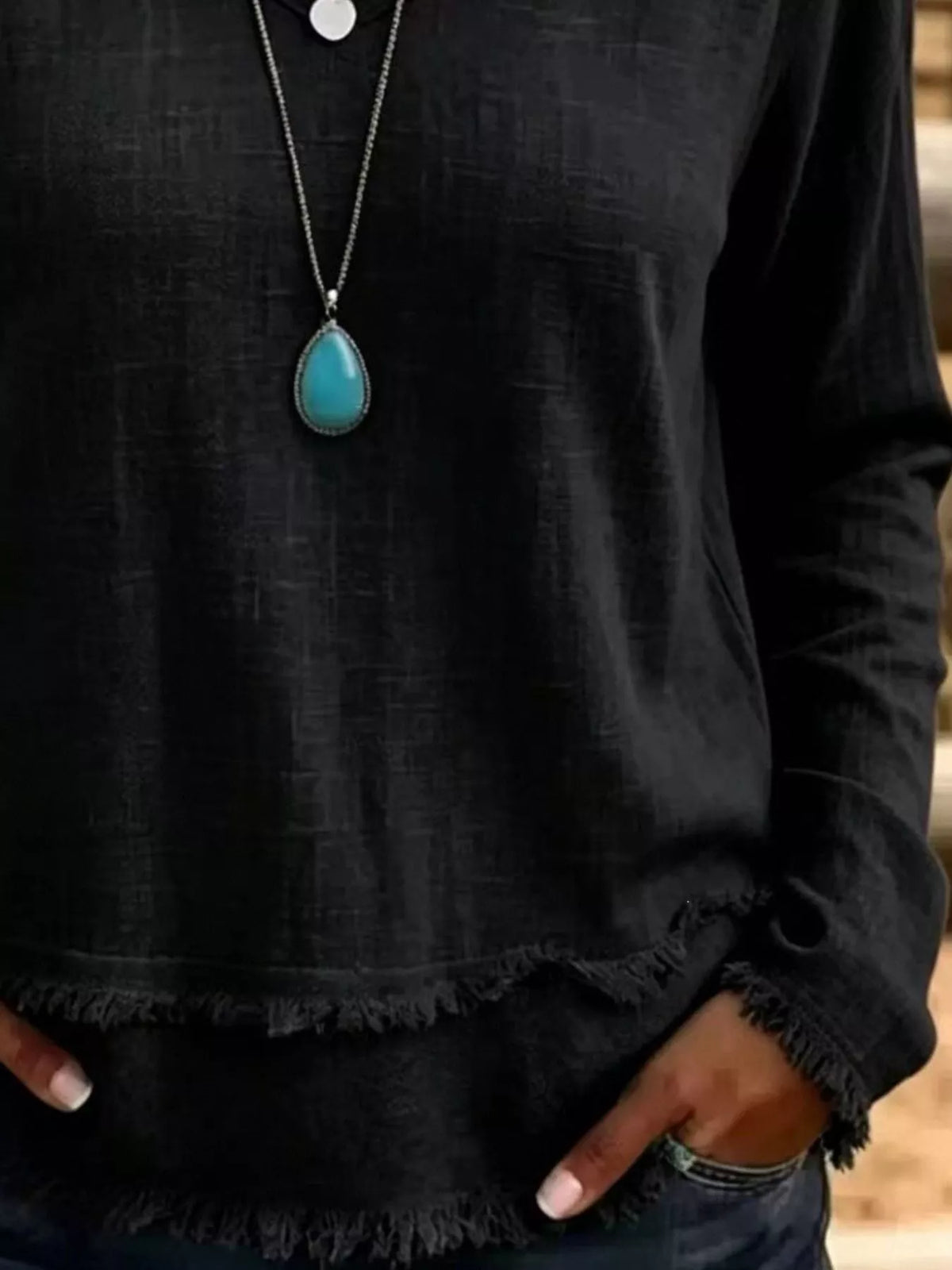 Trendsi V-Neck Frayed Hem Long Sleeve T-Shirt -