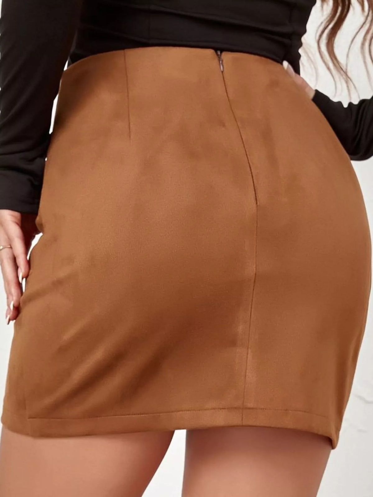 Brown ruched wrap-look mini skirt, back view