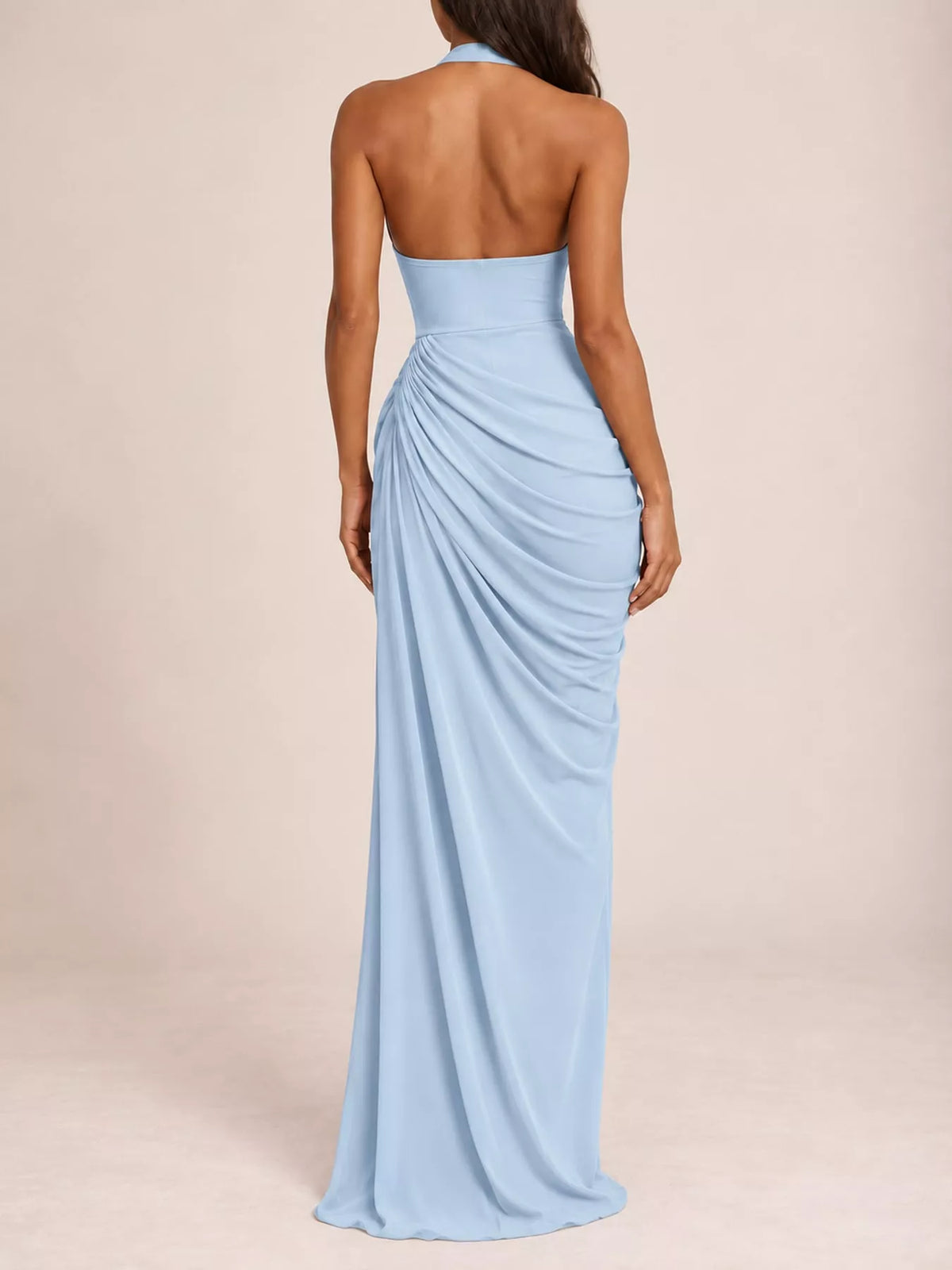 Light blue halter neck high-slit maxi evening dress — back view