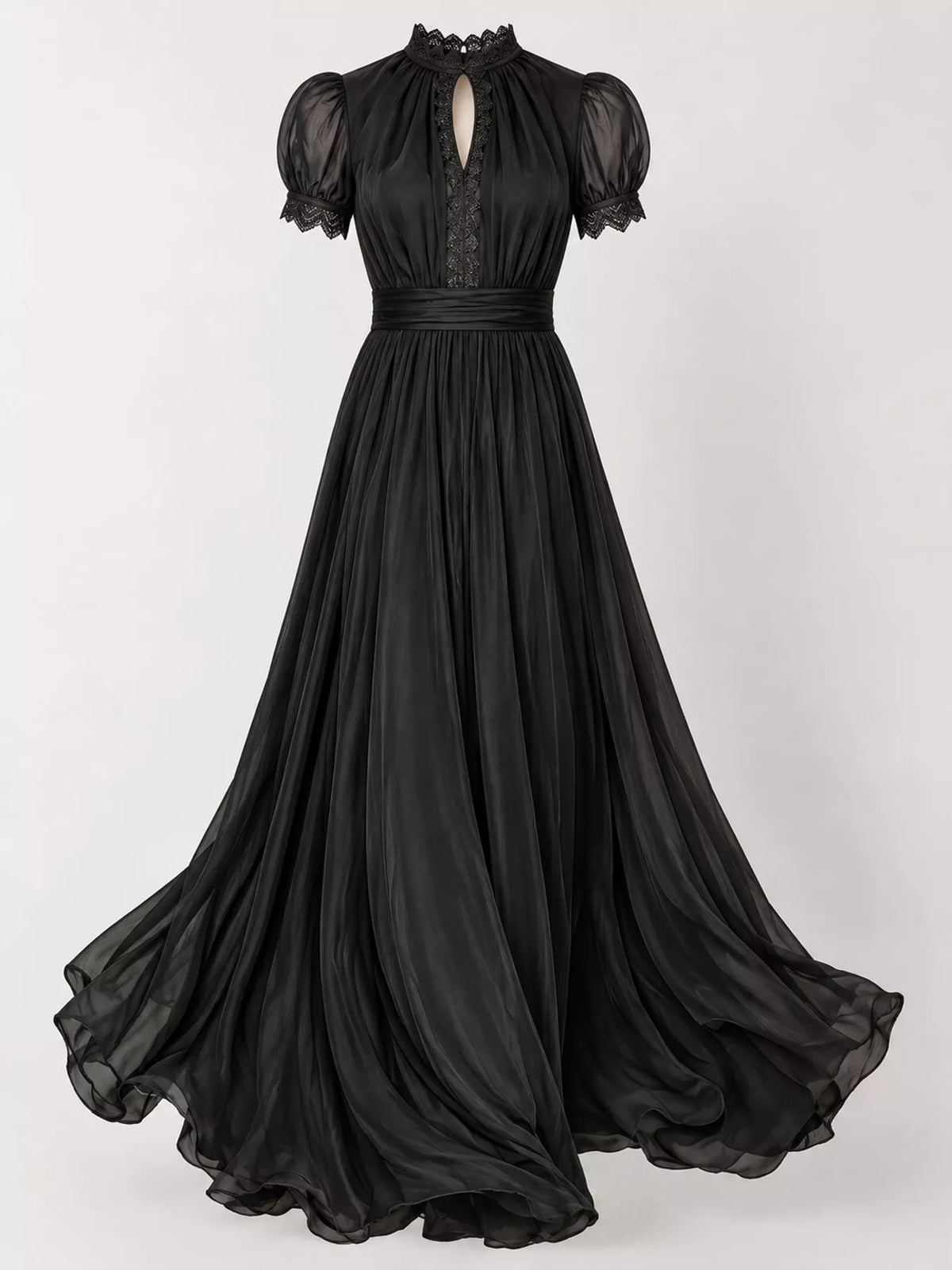 Lace Puff Sleeve Maxi Dress in black, front view