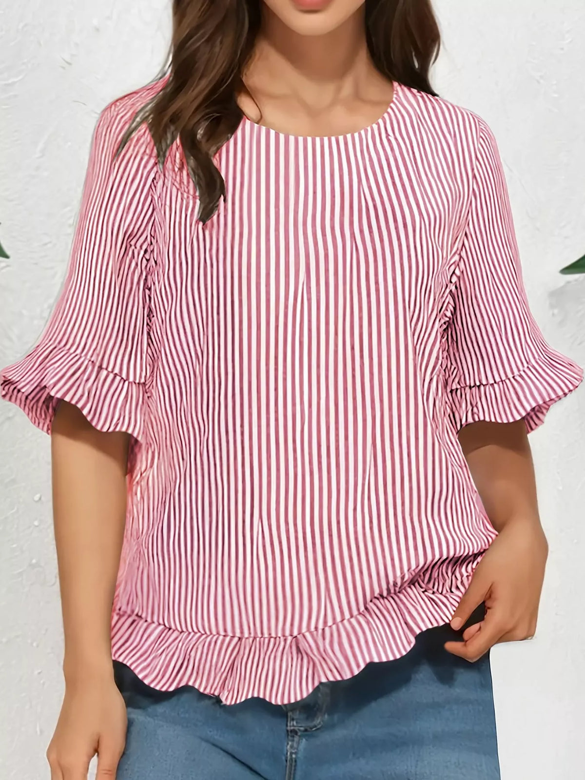 Ruffle Hem Short Sleeve Blouse — front view