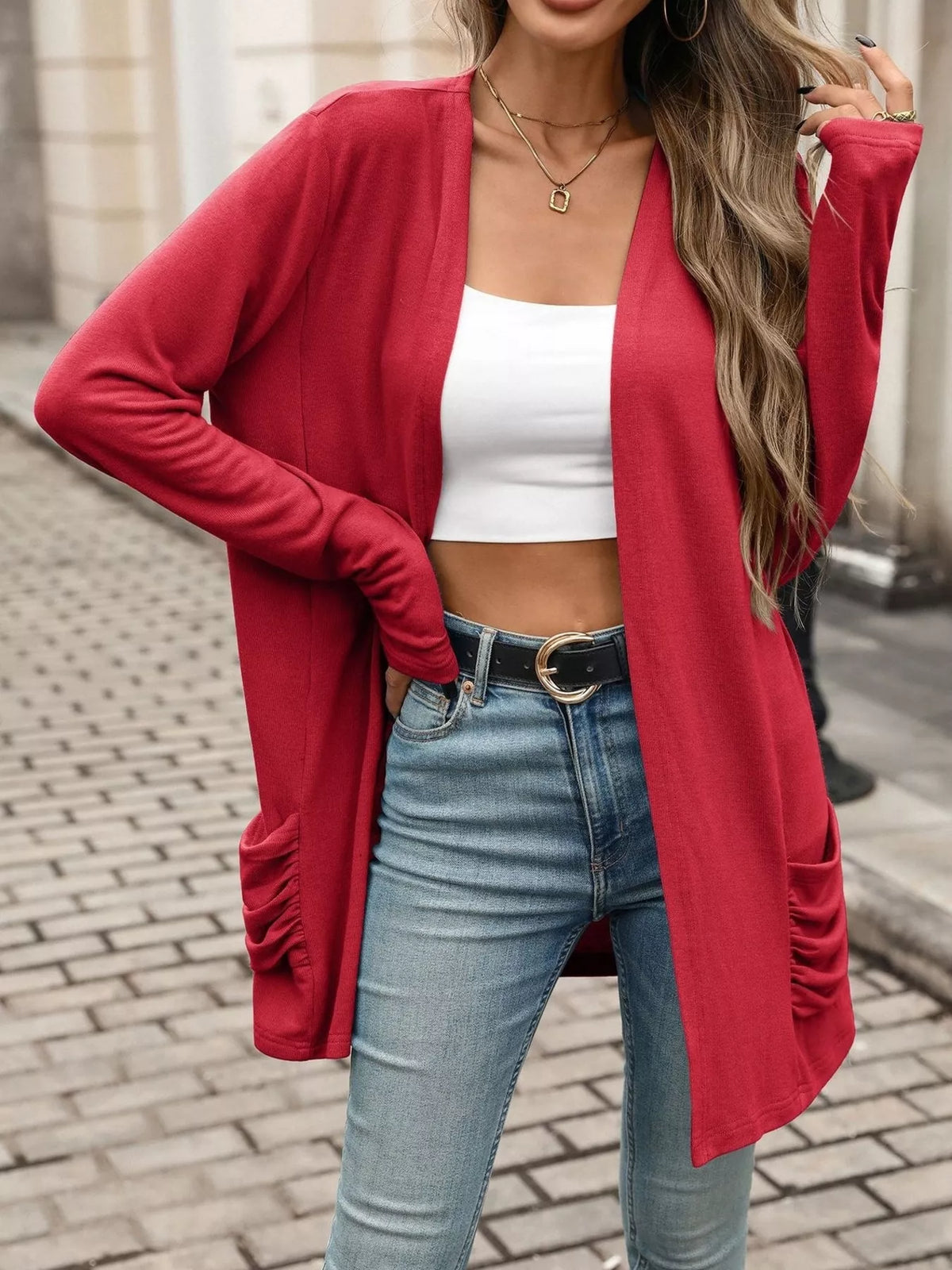 Ruched pocket open-front cardigan