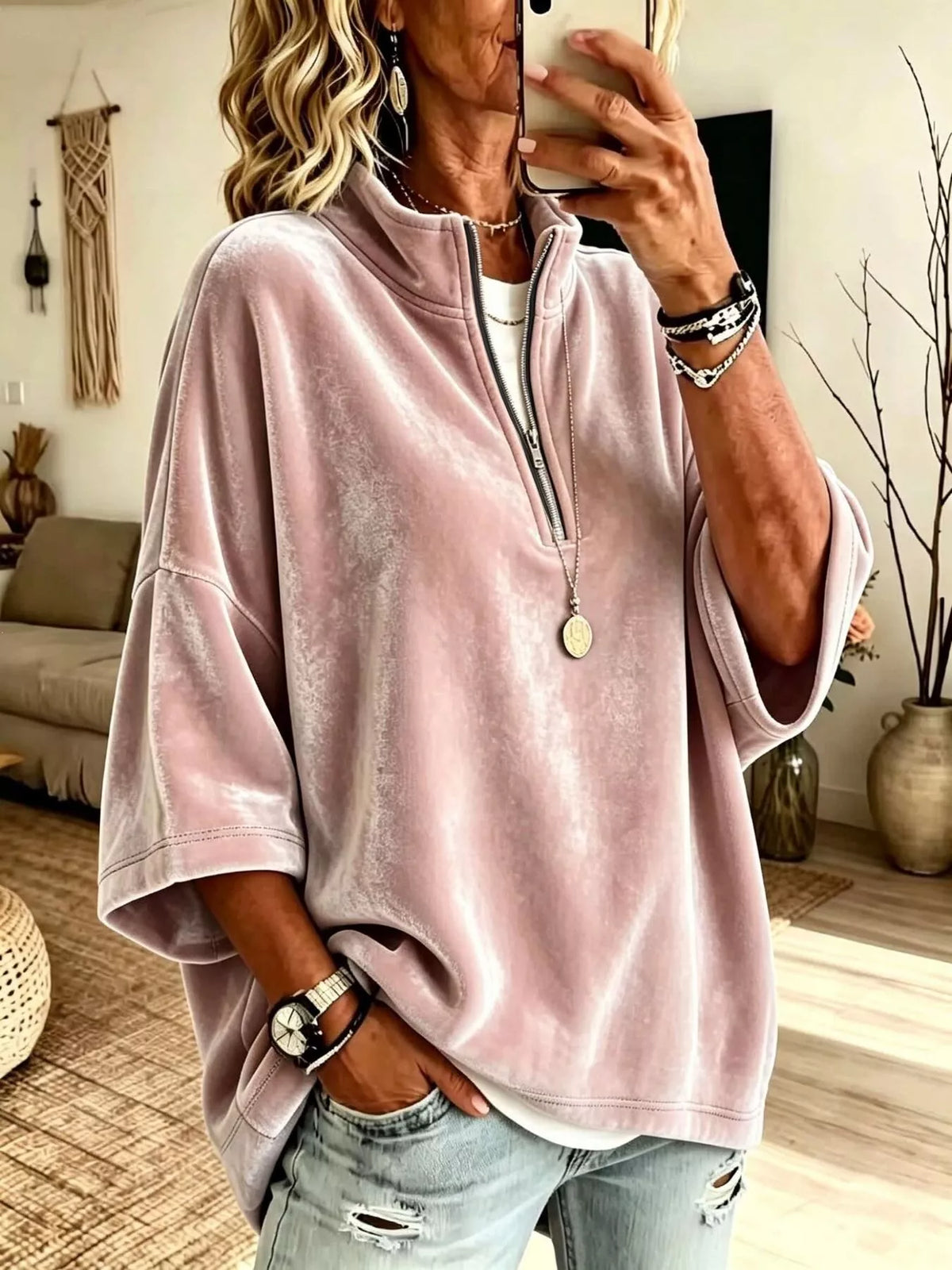Trendsi Full Size Velvet Quarter-Zip Sweatshirt Plus Size -