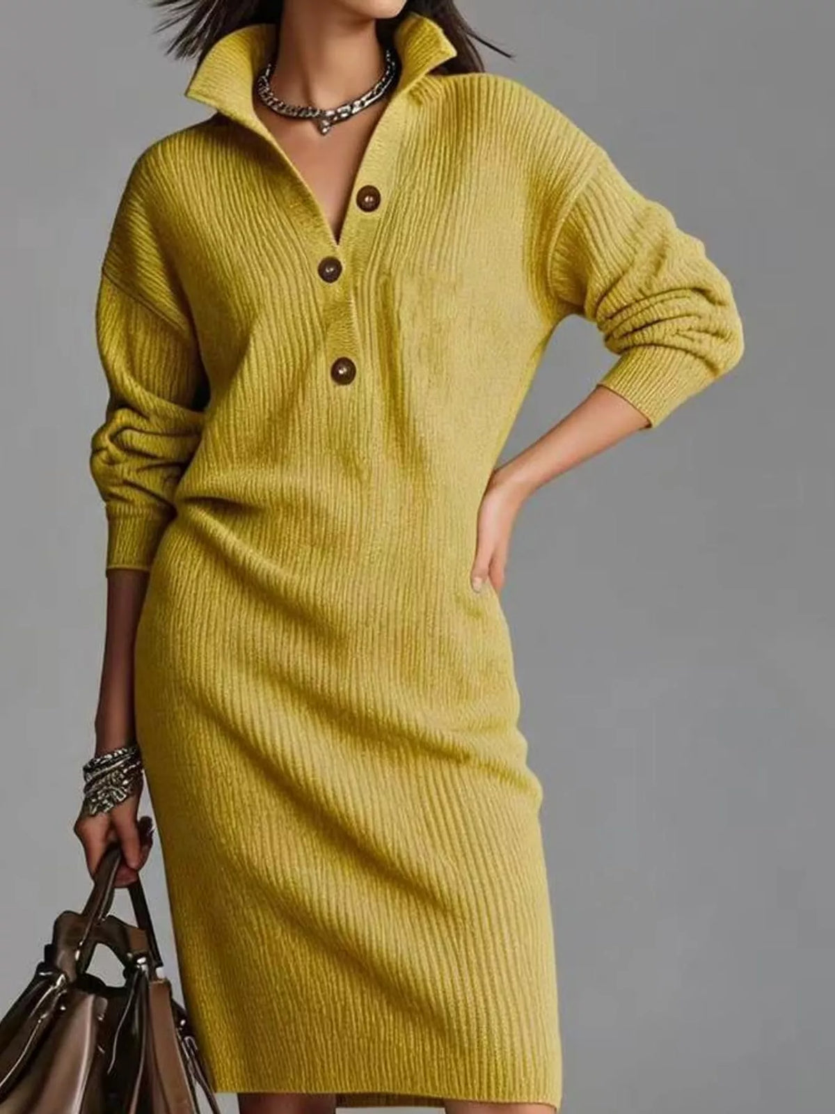 Collared long sleeve knee dress, front view on model