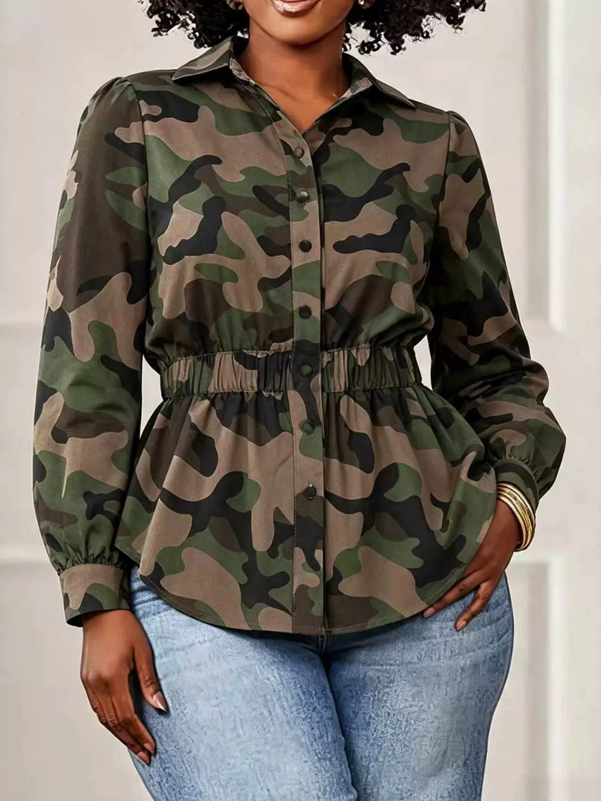Trendsi Camouflage Button Front Long Sleeve Blouse -