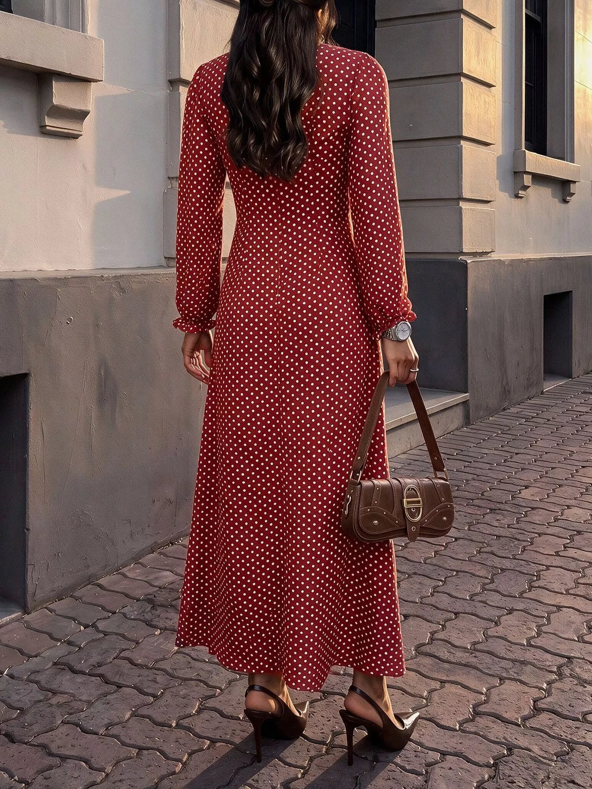 Trendsi Square Neck Polka Dot Long Sleeve Maxi Dress -