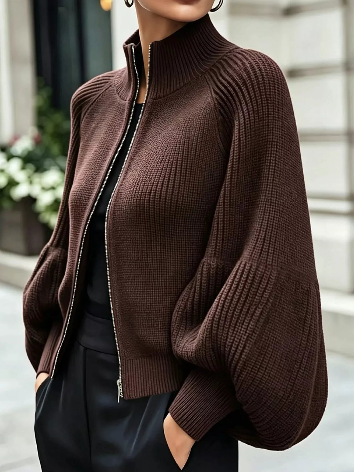 Coffee ribbed knit zip-up lantern sleeve cardigan