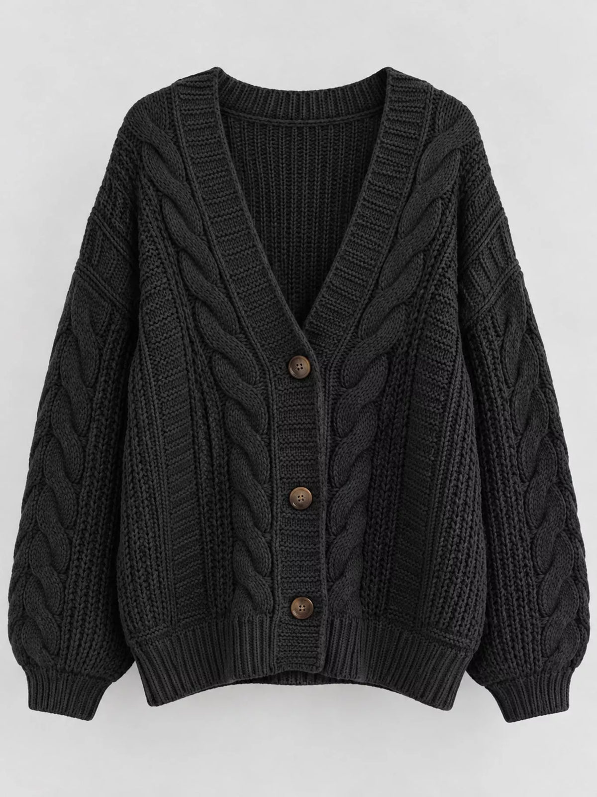 Black cable knit button-down cardigan
