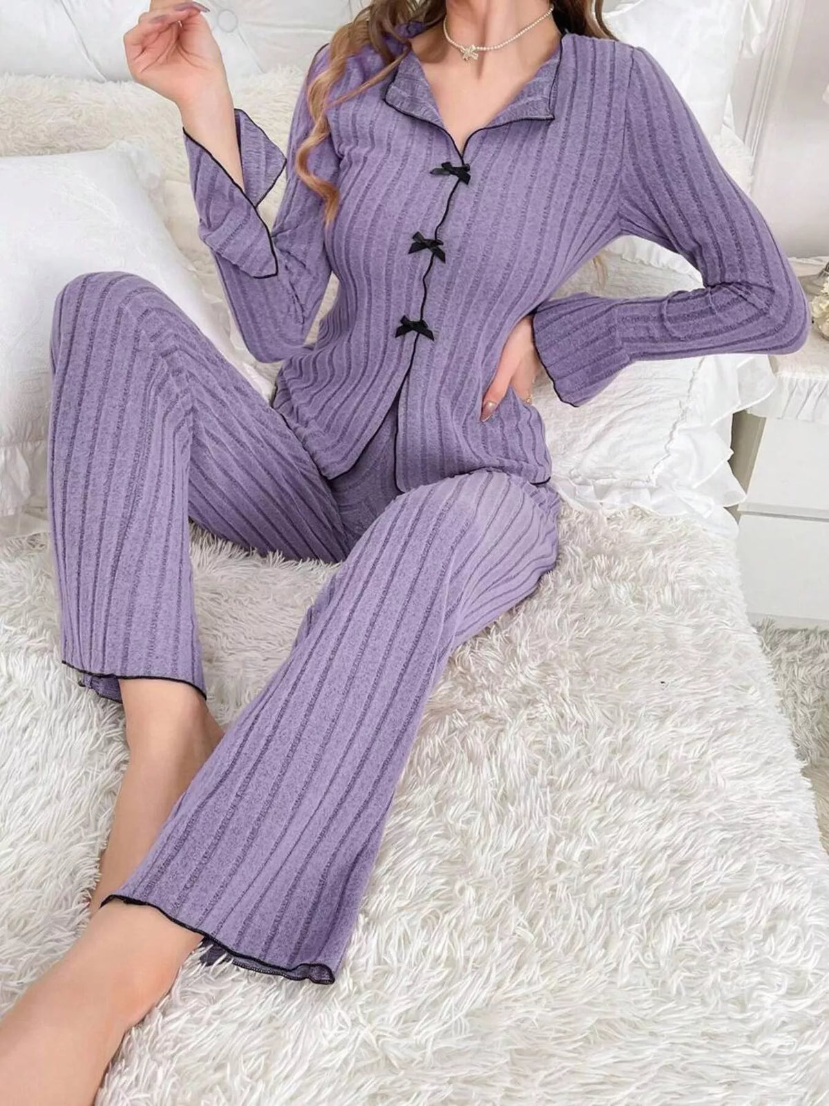 Women's Contrast Bow Detail Top and Pants Lounge Set in Purple, front view