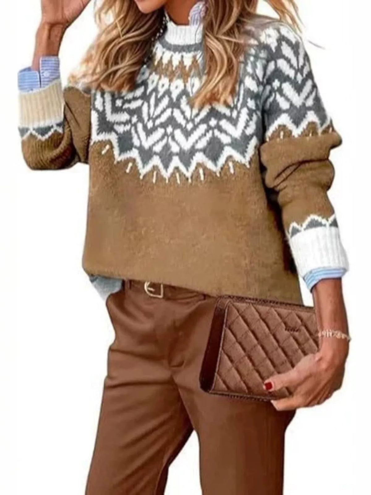 Fair Isle Patterned Long Sleeve Sweater in brown, front view